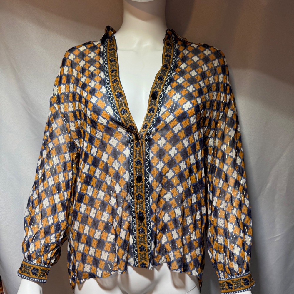 Zara Woman Blouse Top XS Button Down Long Sleeve Sheer Diamond Pattern